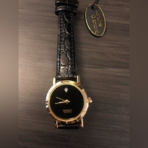 Diamond Quartz Watch on Black Leather Strap